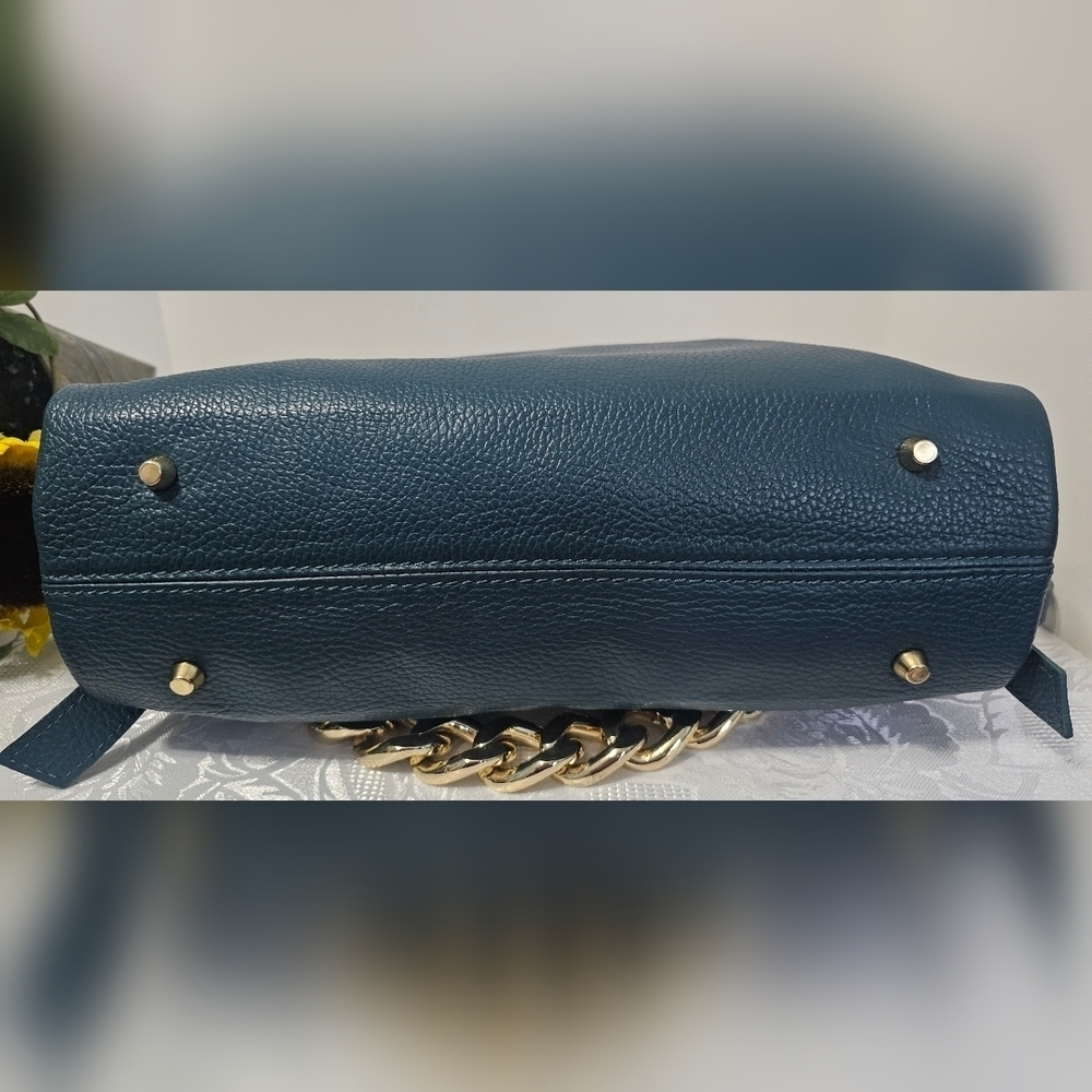 Viola Castellani Teal-Gold Chain Leather Bag - Picture 6 of 9